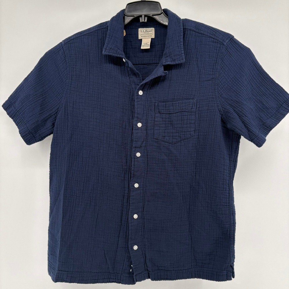 LL Bean Mens Navy Blue Double Gauze Cotton Short Sleeve Button Down Shirt Large - Picture 2 of 7